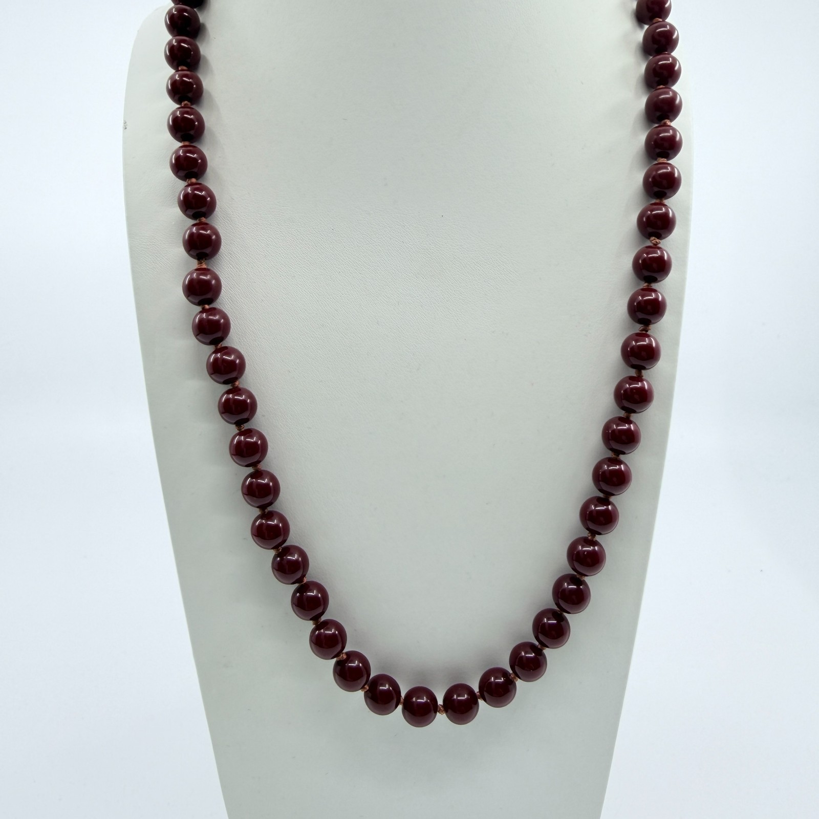 VTG Burgundy Red Glass Simulated Pearl Knotted Strand Necklace Boho Retro