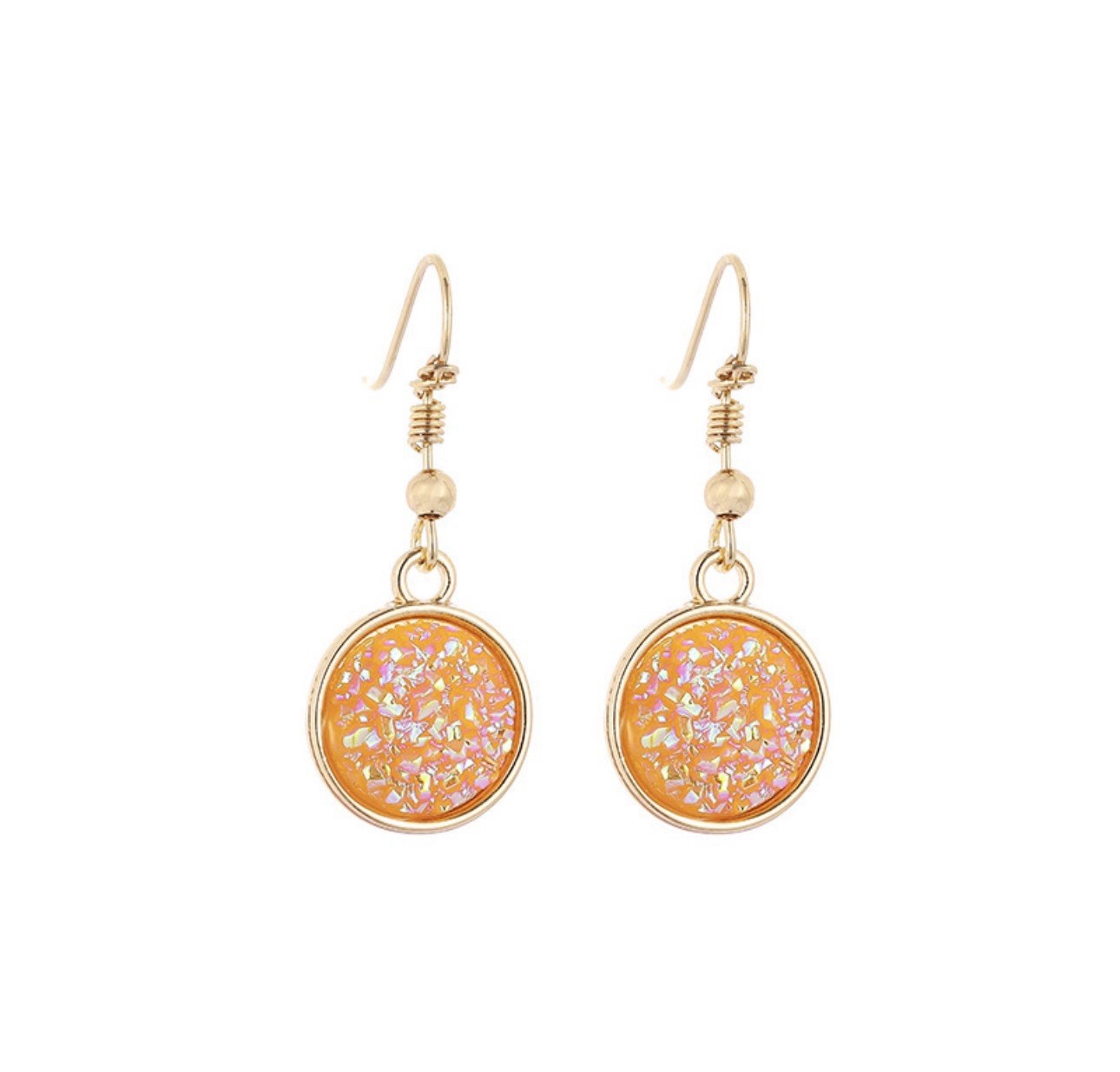 Orange Druzy Resin Dangle Earrings, Gold Tone Minimalist Jewelry