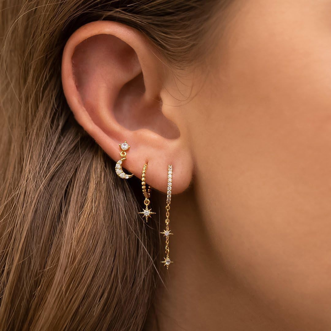3Pairs 14K Gold Stud Hoop Earrings Set for Women Butterfly Moon Star Flower Evil