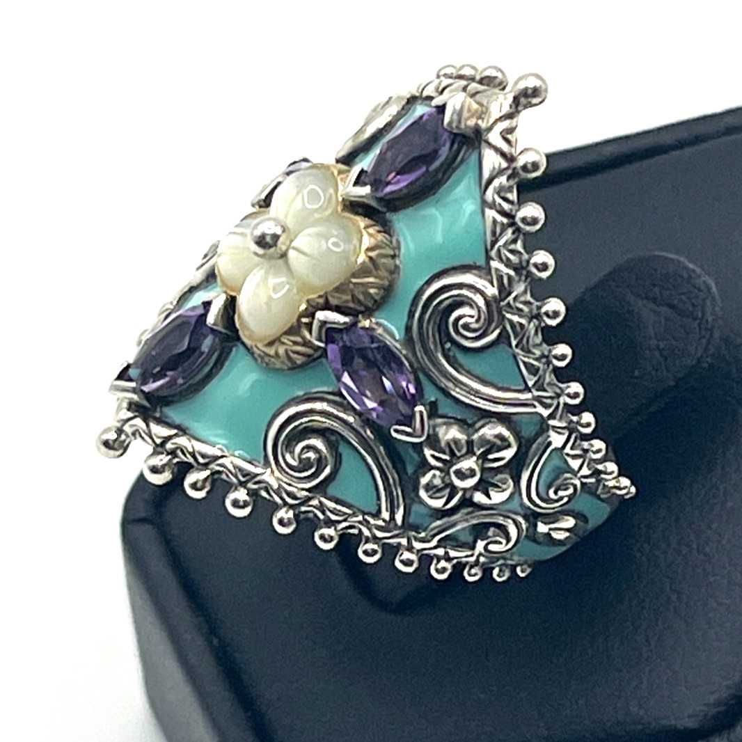 Barbara Bixby Ring Sz 8 Turquoise Amethyst MOP Lotus Sterling 925 and 18k Accent
