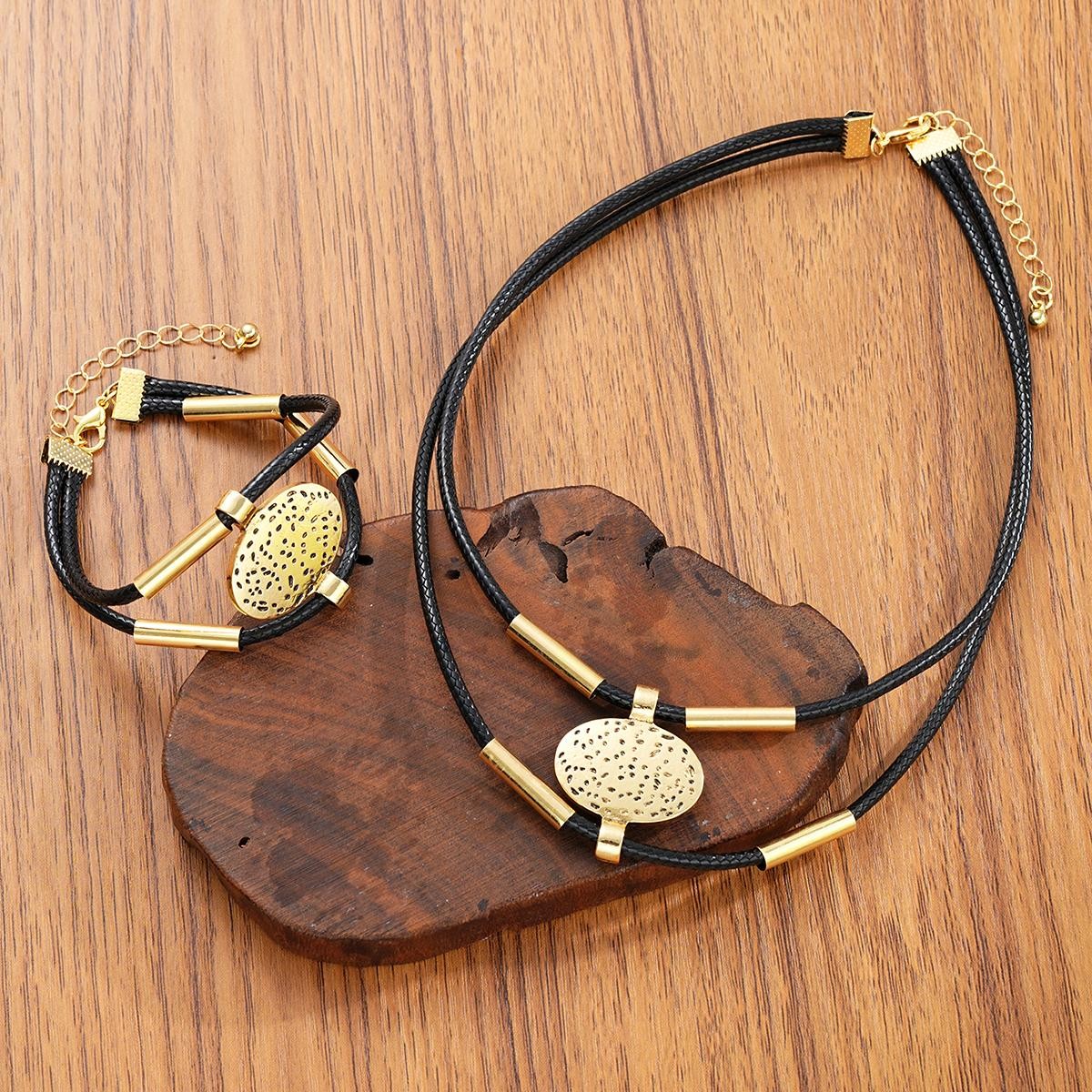 Vintage Oval Faux Leather Necklace Bracelet Set Women Gold Silver 2pc Jewelry