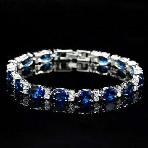 10Ct Oval Brilliant Cut Blue Sapphire Diamond Tennis Bracelet 14K White Gold Gp