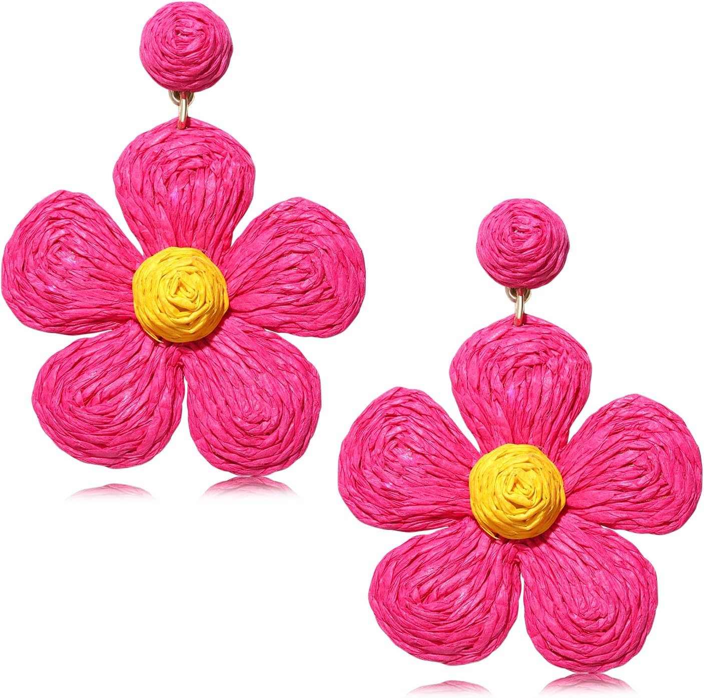 Rattan Flower Drop Earrings Raffia Straw Dangle Beach Jewelry Women
