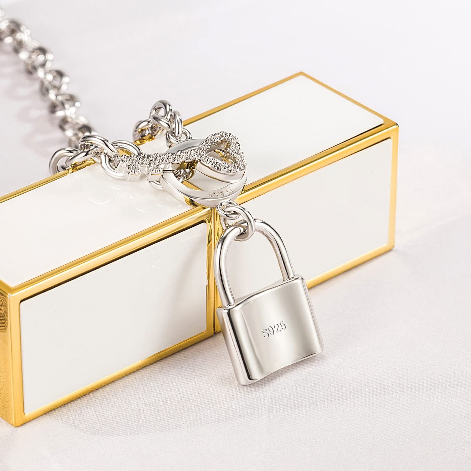 Women 925 Sterling Silver Key Lock Pendant Necklace Fashion Solid Silver Rolo…