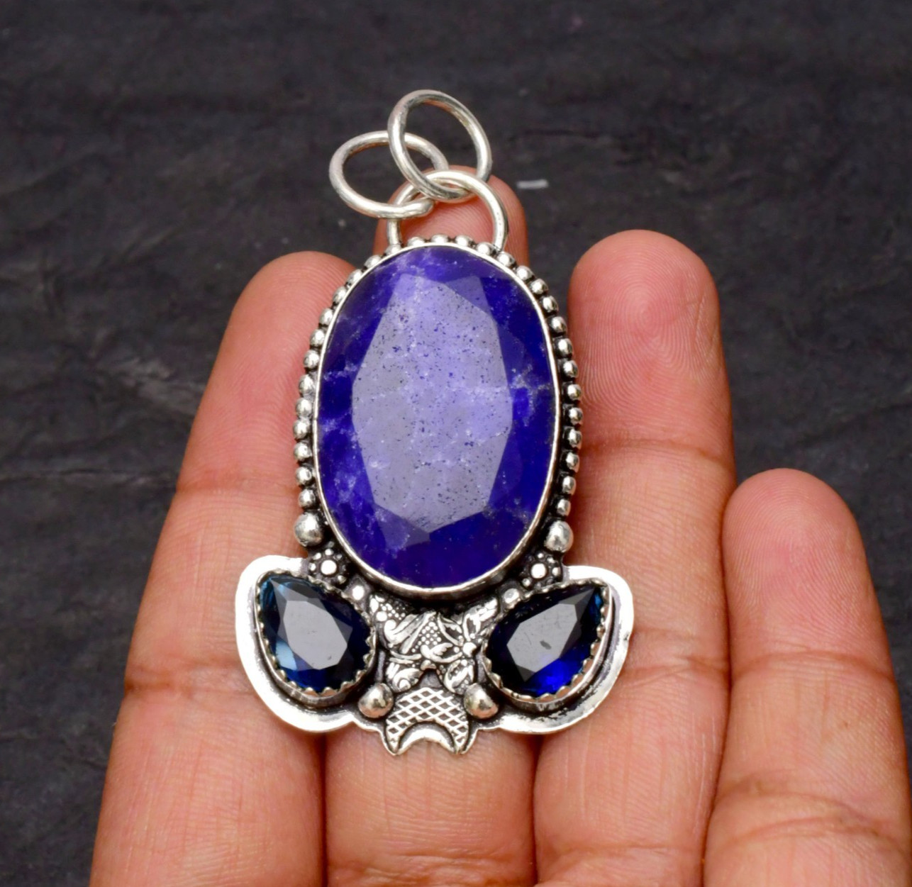 Blue Sapphire Lab Created Gemstone 925 Sterling Silver Jewelry Pendant 1-2″