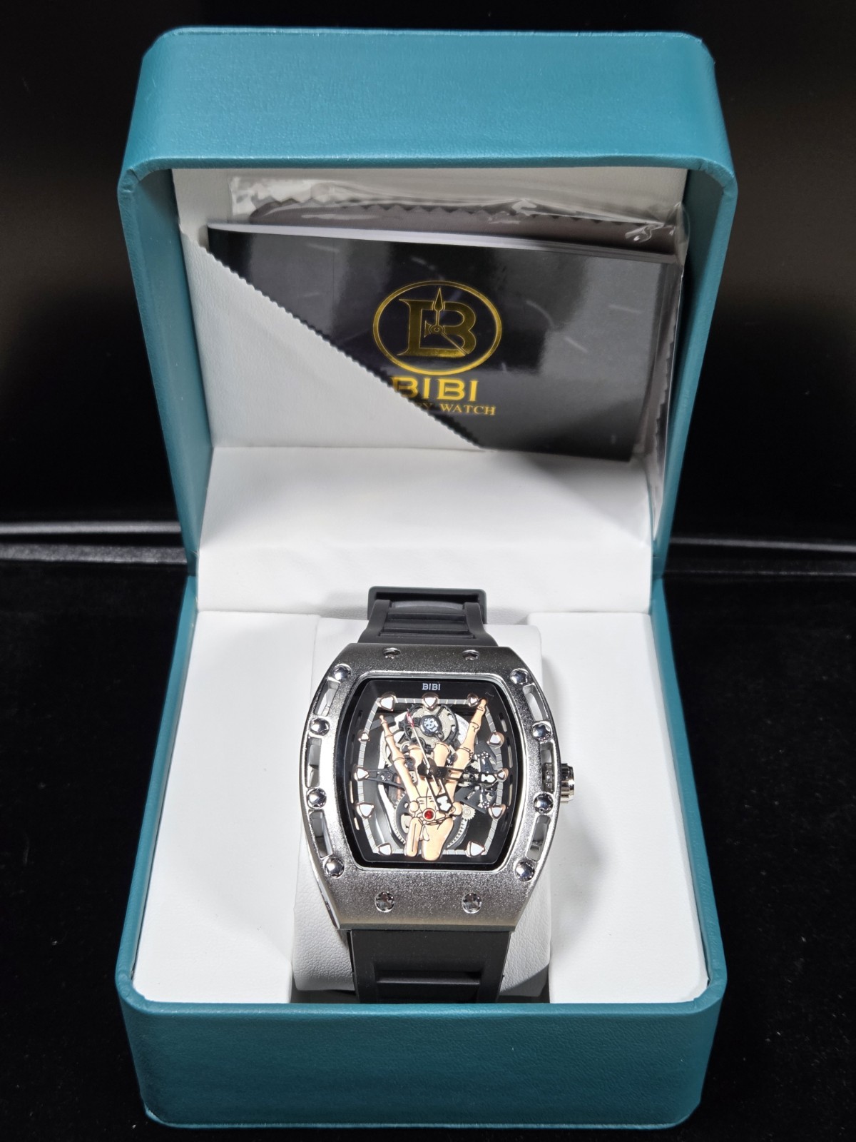 BIBI Luxury Watch B0292 Black Skeleton Dial, Silver Case, Black Silicone Band