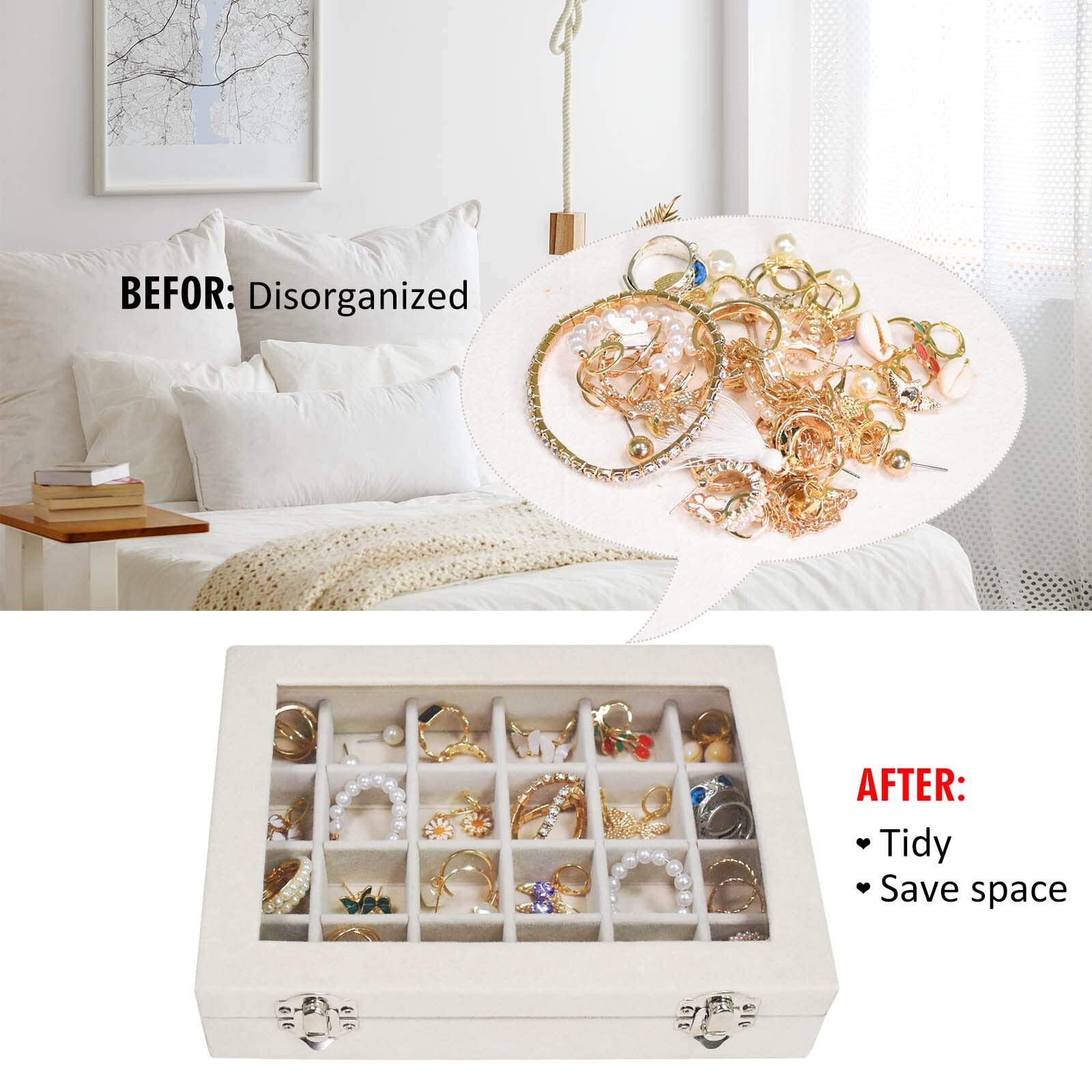 24 Grid Jewelry Tray Organizer Transparent Lid for Earrings Rings Pendants