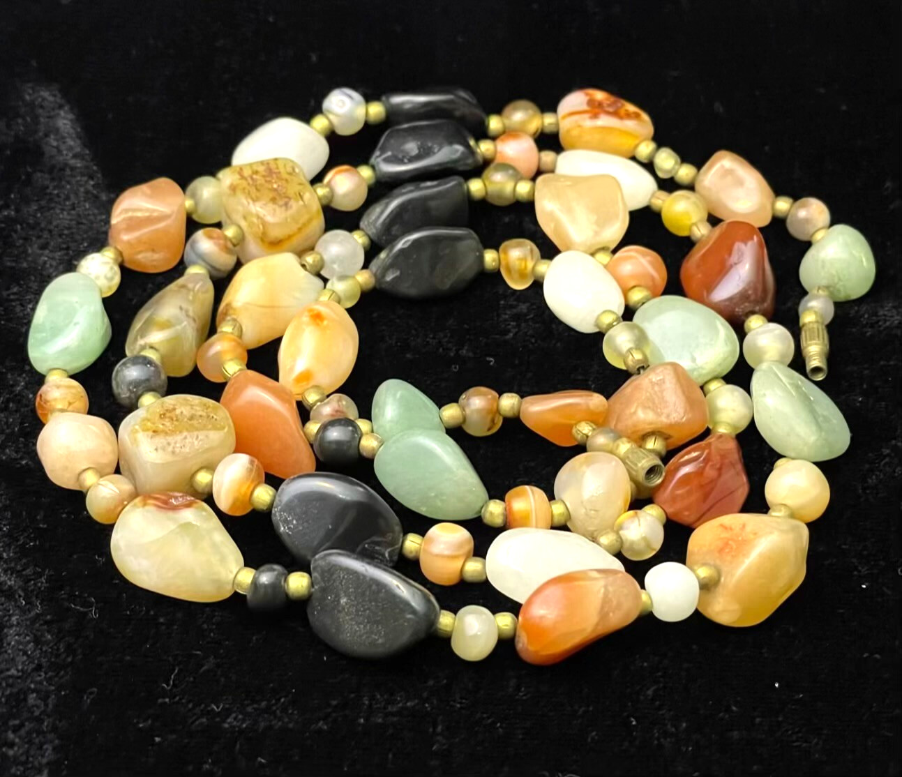 VTG Multi Color Stone Agate Carnelian Aventurine Nuggets Long Necklace 37in 96g