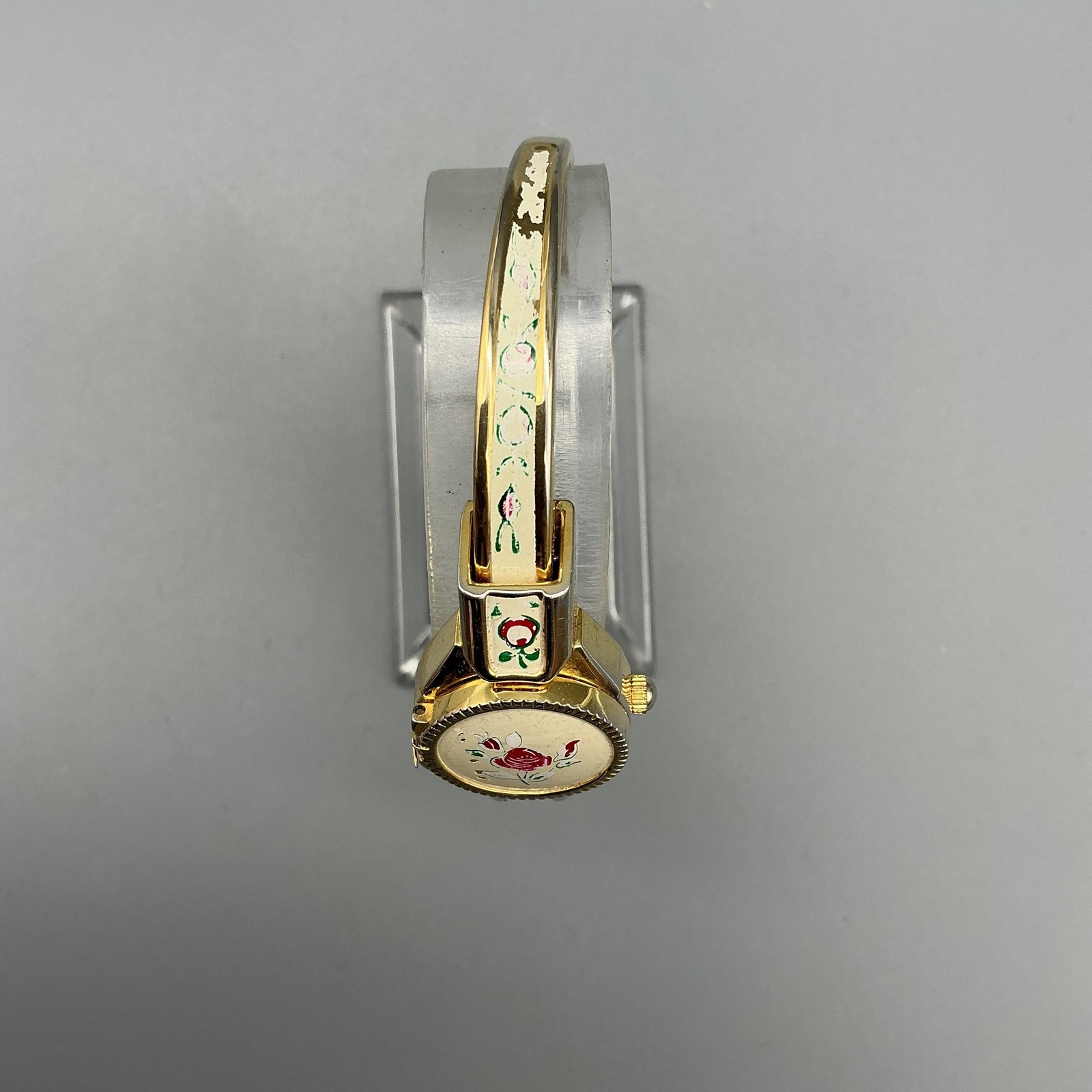 Vintage Swiss Womens Watch 14mm Gold Tone Enamel Floral Bangle New Battery