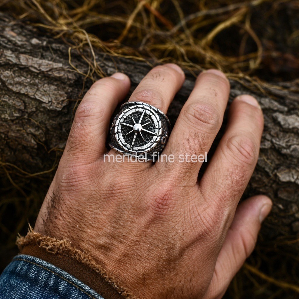 MENDEL Mens Stainless Steel Nautical North Star Marine Compass Anchor Ring 7-15