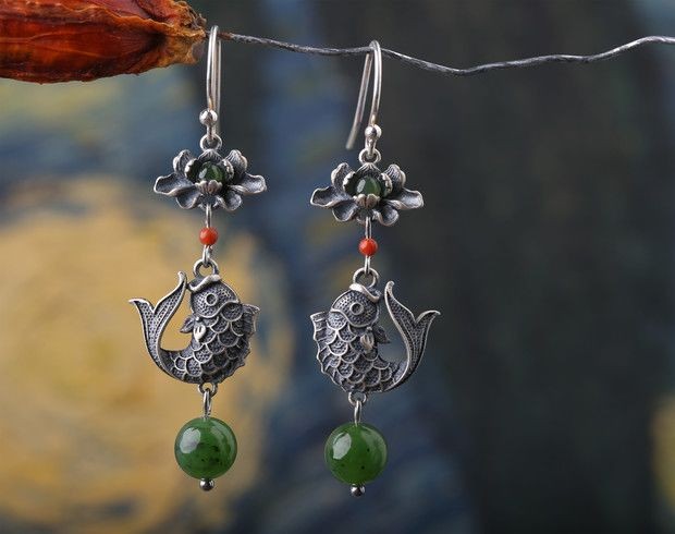 Koi Fish Lotus Earrings Chinese Style Silver-Plated Women’s Earrings