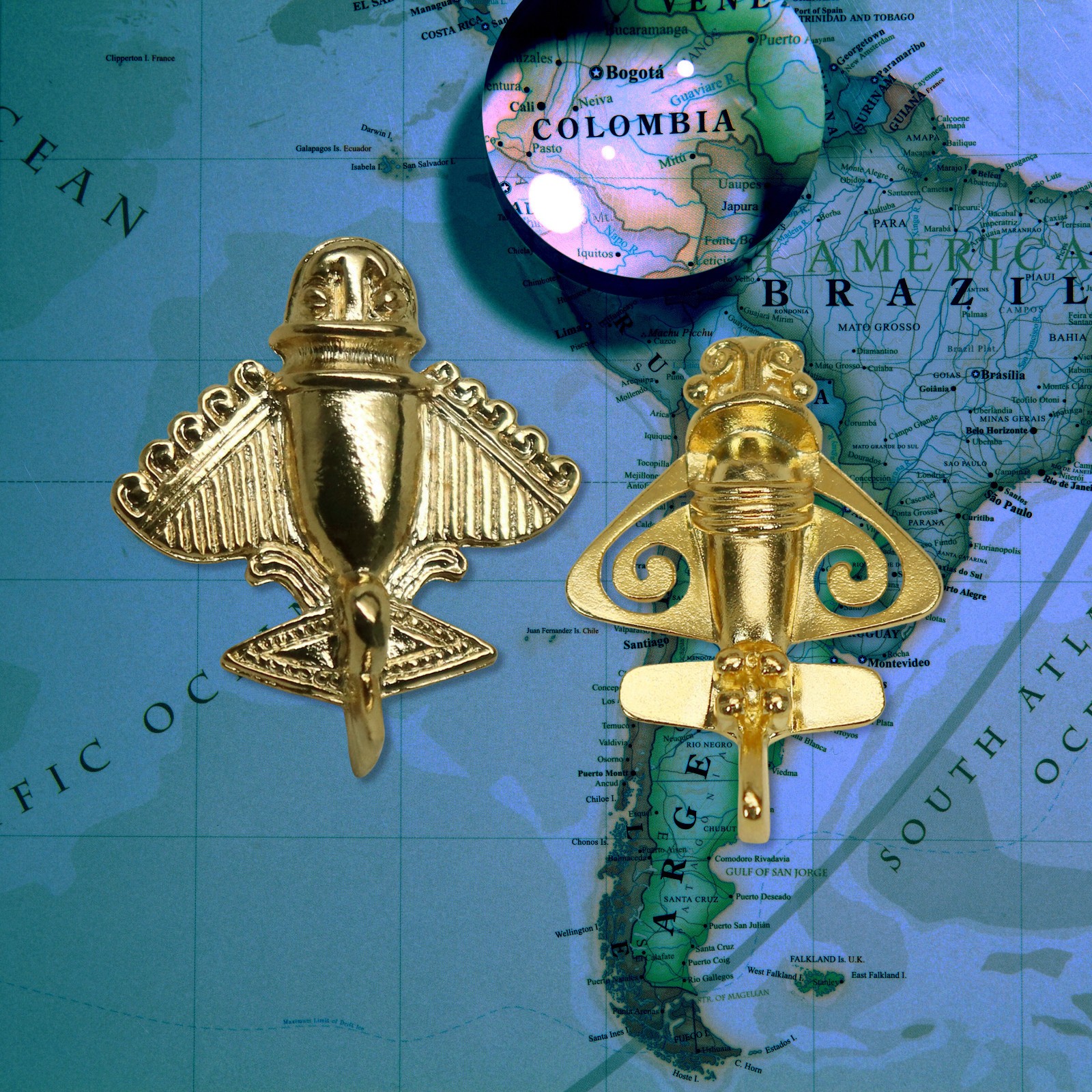 Quimbaya Flyer Pins -Set of Two – 24K GP Pre-Colombian Alien Artifact Flyer Pair