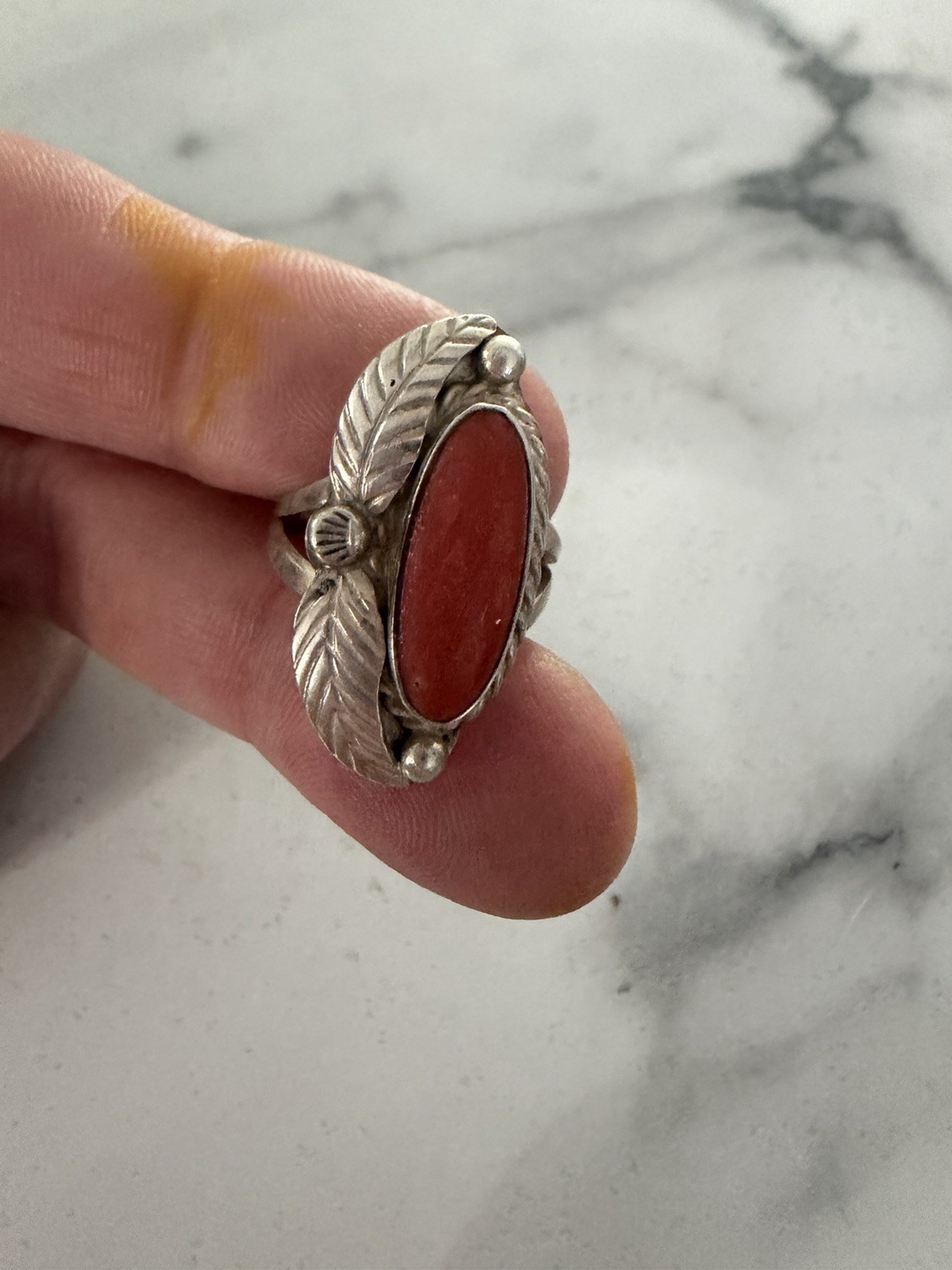 Vintage Navajo Sterling Silver Red Coral Ring Signed Sam P 6.5