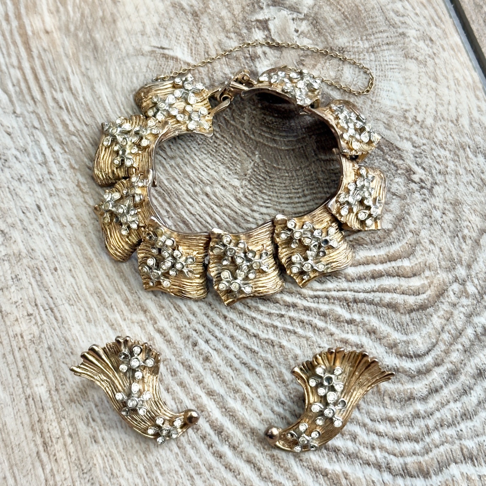 Hobe Cleopatra Rhinestone Flowers Bracelet & Earrings Has Wear Missing Gems Rare