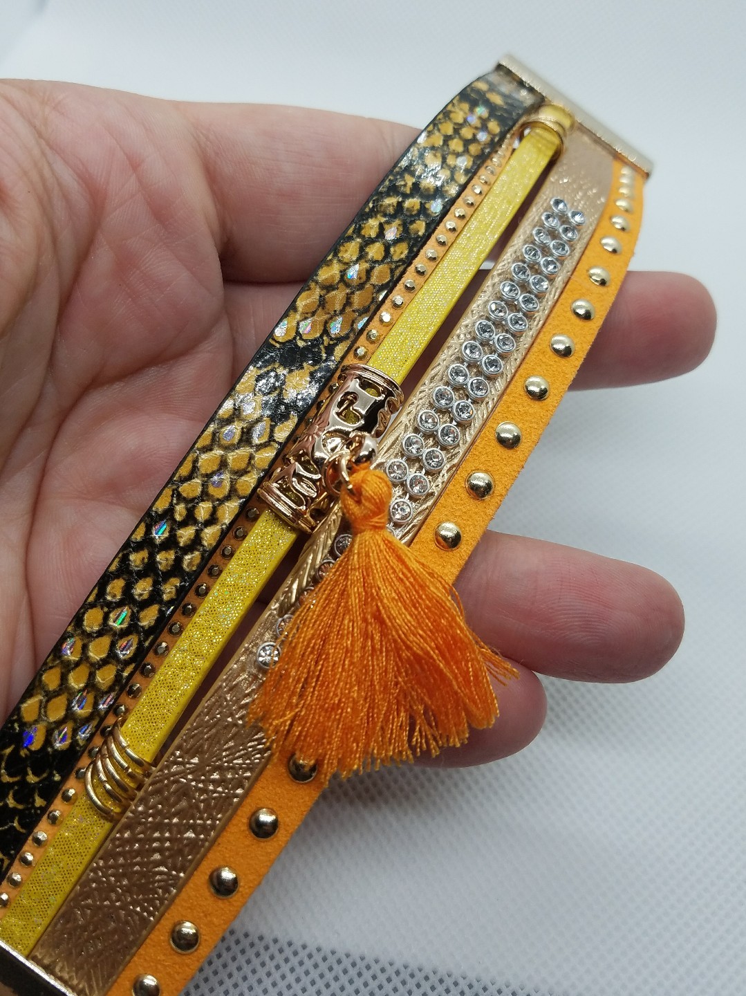 Wellmore Orange Snake Print Leaf Charm Tassel Leather Bracelet 19cm/7.5 inches