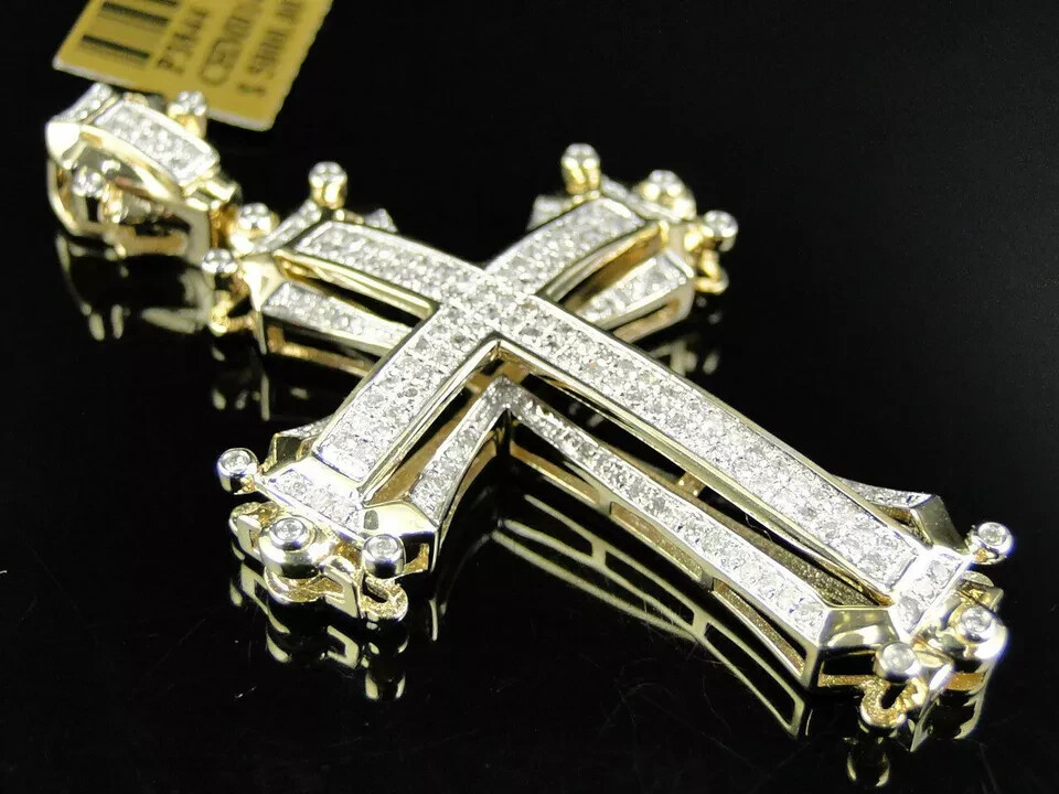 Pave Set Round Cut Diamond Cross Pendant in 14K Yellow Gold FN 0.92 Ct