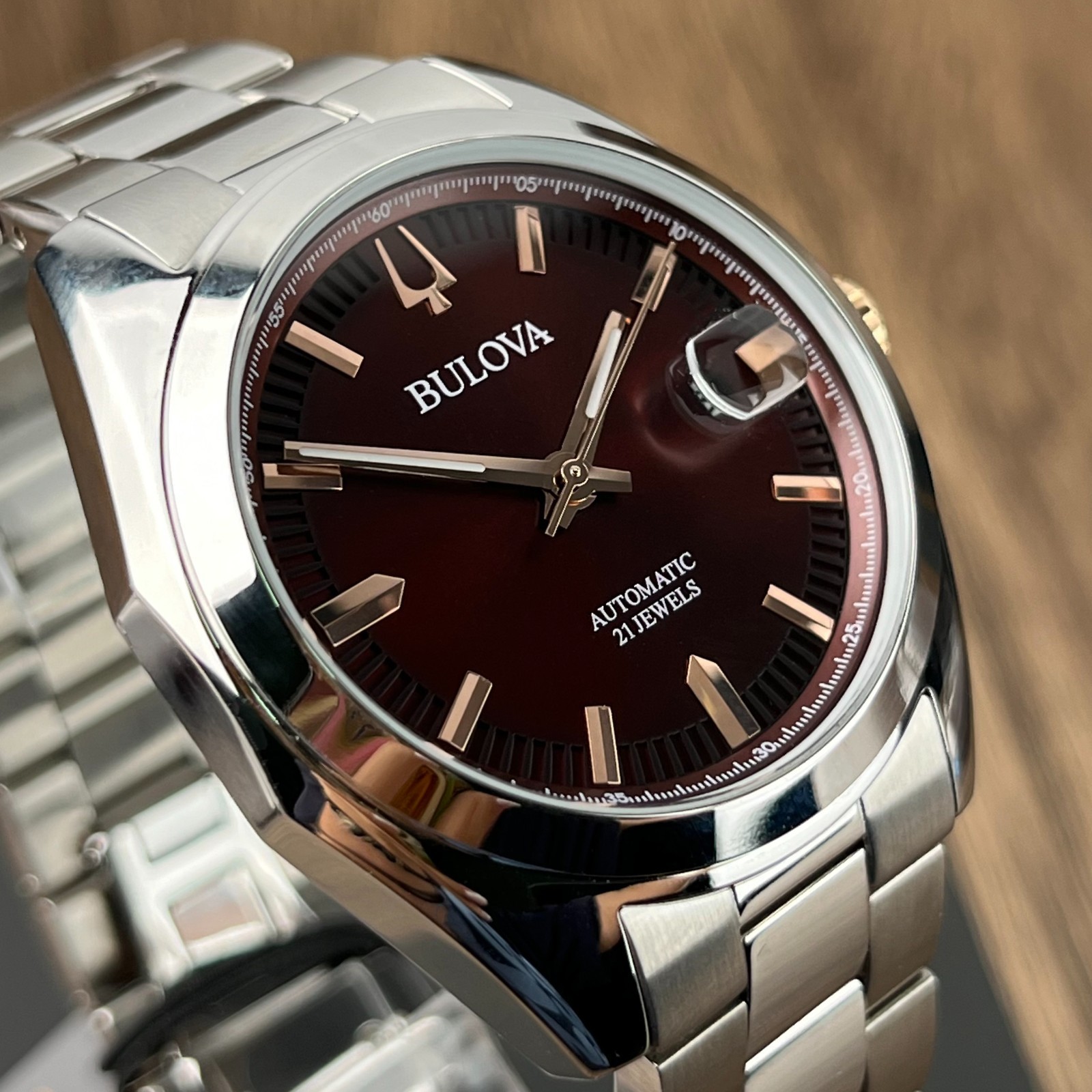 Bulova Surveyor Amber red Dial Stainless Steel Automatic Men’s Watch 98B422