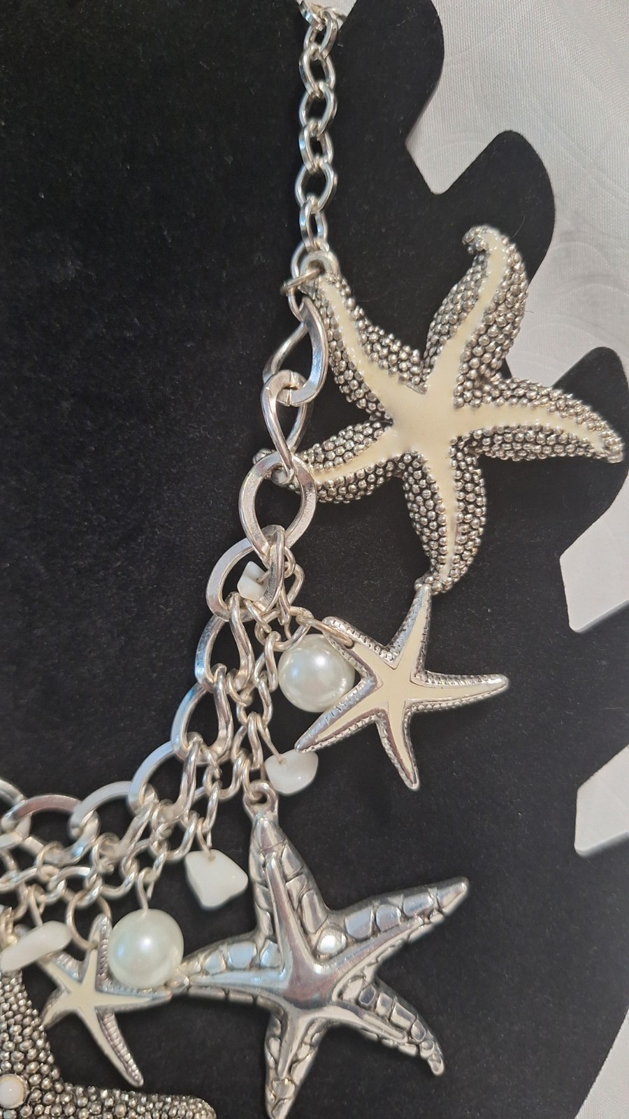 Silver Tone Starfish Simulated Pearl Crystal Jewelry Set Necklace & Earrings