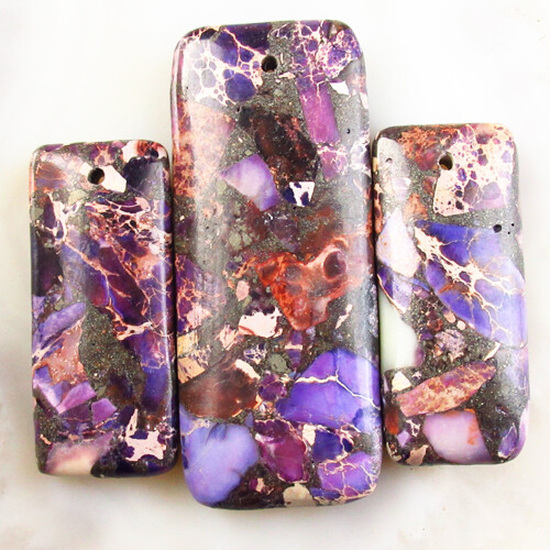 3Pcs Purple Sea Sediment Jasper & Pyrite Oblong Pendant Bead HADHS107