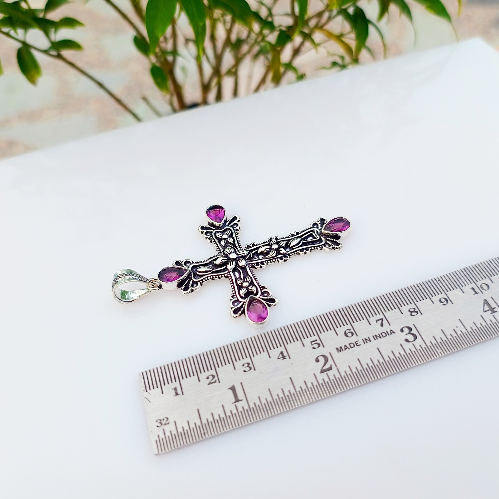 Amethyst Cross Pendant 925 Sterling Silver Handmade Gemstone Jewelry 2.83″