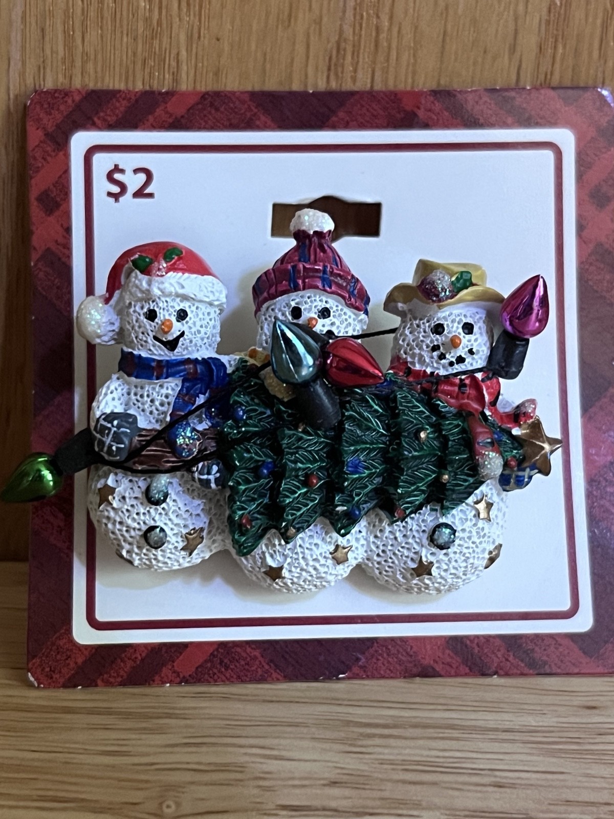 Vintage Pin Snowmen Holding a Christmas Tree and Lights Holiday Pin