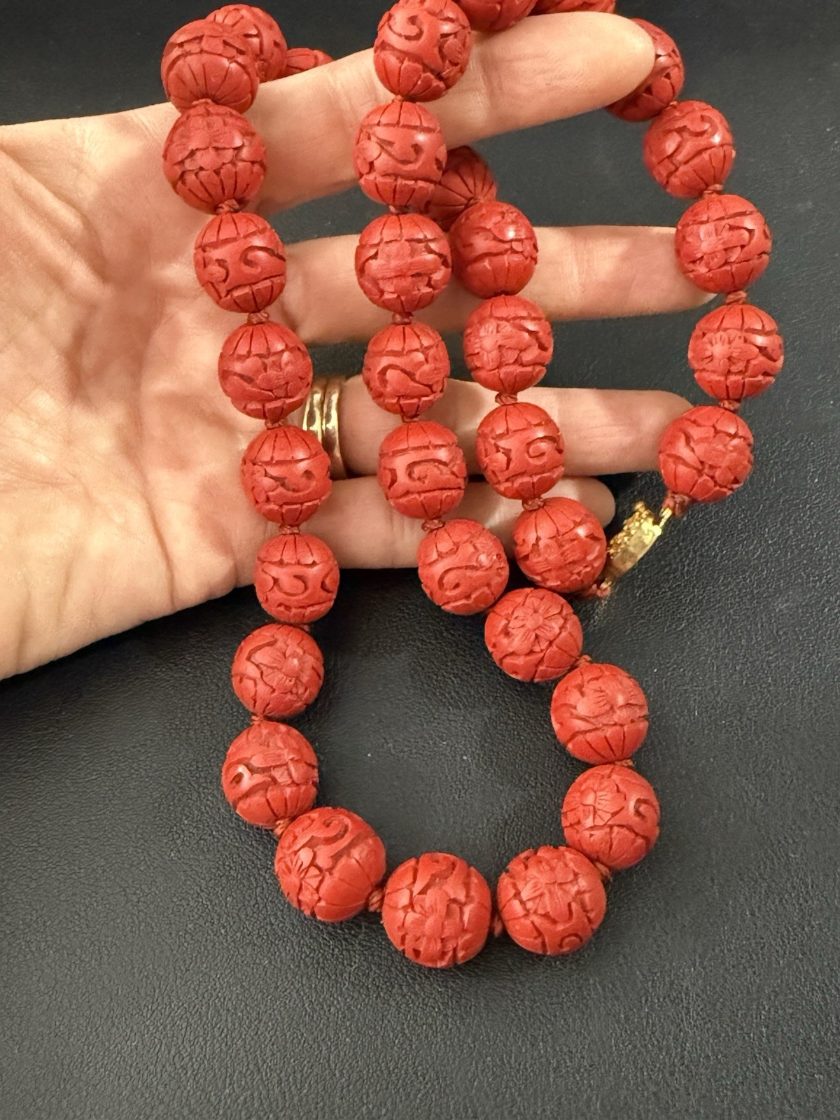 Vintage Chinese Export 24″ Necklace Hand Carved Red Cinnabar Lacquer Beads H12