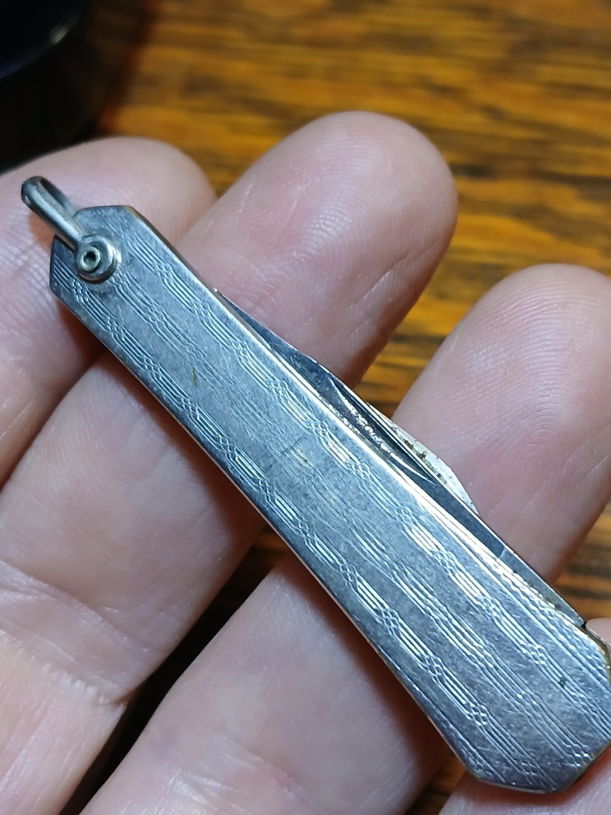 Vintage Sterling Silver Pocket Watch Fob Art Deco Engraving Folding Knife 2Blade