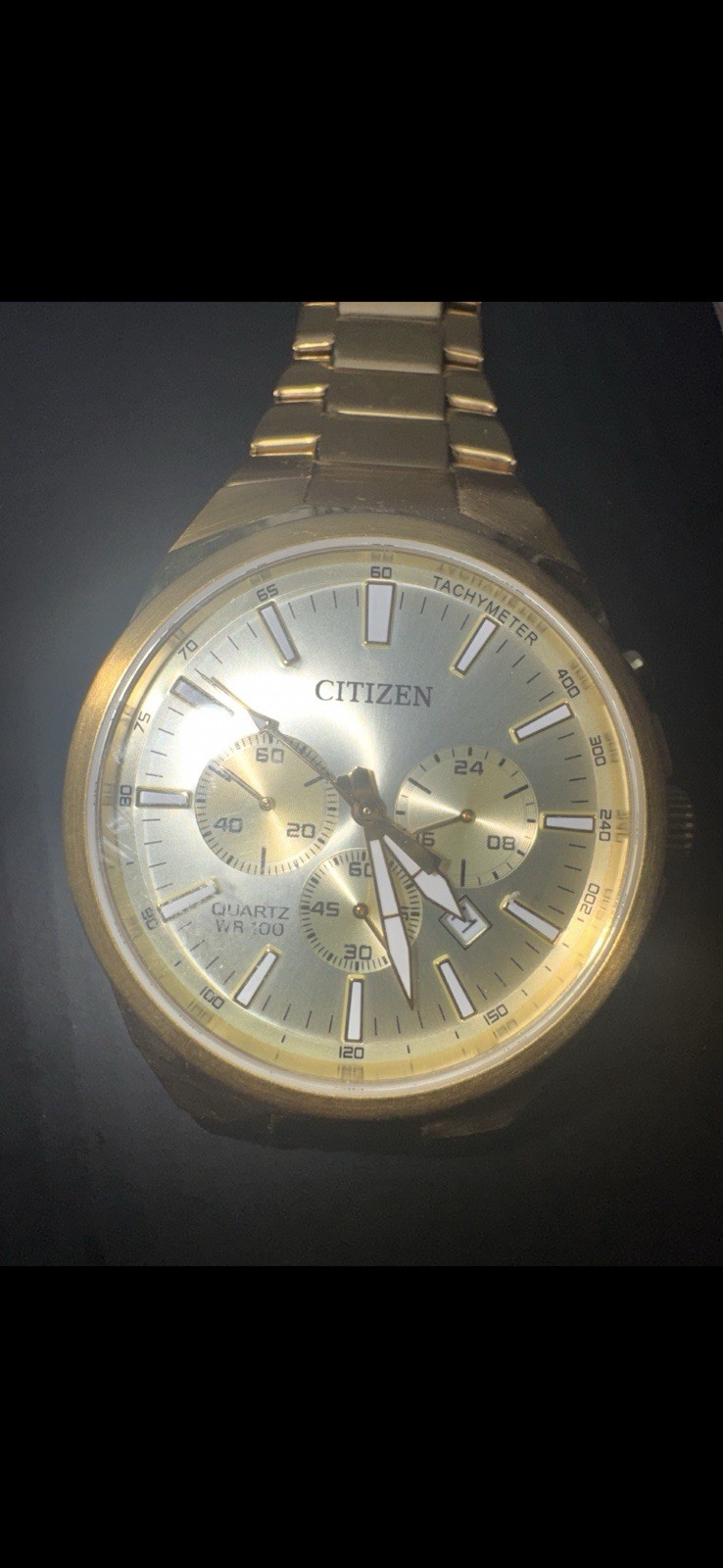 Citizen Quartz Chronograph WR100 Gold-Tone Watch Working Beautiful Condition!