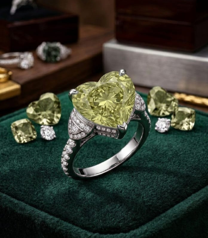 8.00 Ct Certified Heart Shape Yellowish Green Natural Diamond Engagement Ring