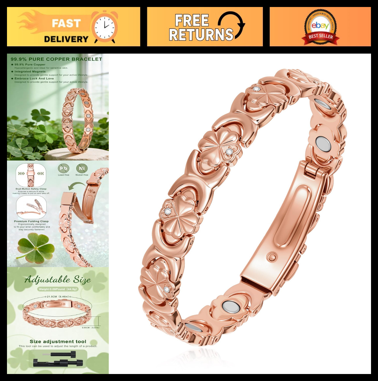 Adjustable Copper Magnetic Bracelet for Women, 3800 Gauss, 99% Pure, Gift Boxed