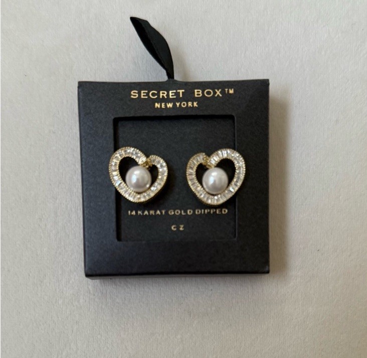 NEW Secret Box Boutique Heart Pearl Pave Earrings Gold Plated
