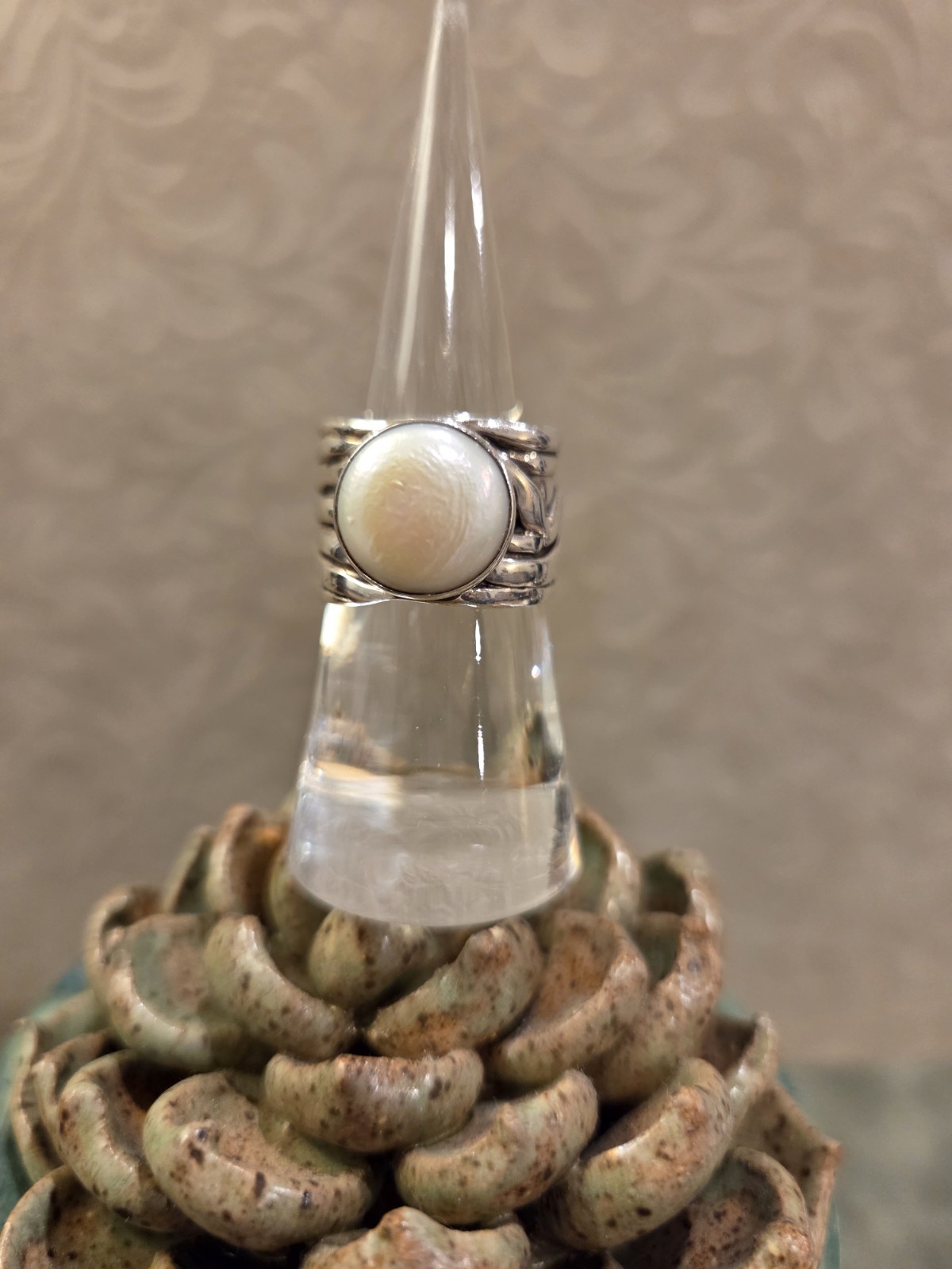 Signed Silpada Sterling Silver Ring With White Coin Pearl And Woven Band Size 7