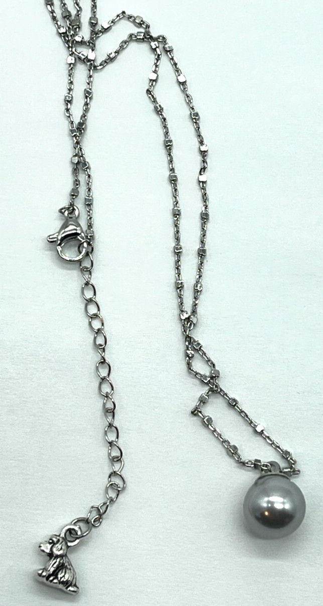 Necklace Silver Tone Patterned Chain w/Silver Cultured Pearl 16″ + 2″ Extension