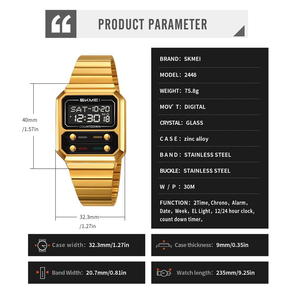 SKMEI Men Watch Rectangle Dial Steel Wristwatch Fashion Male Sport LED Watch