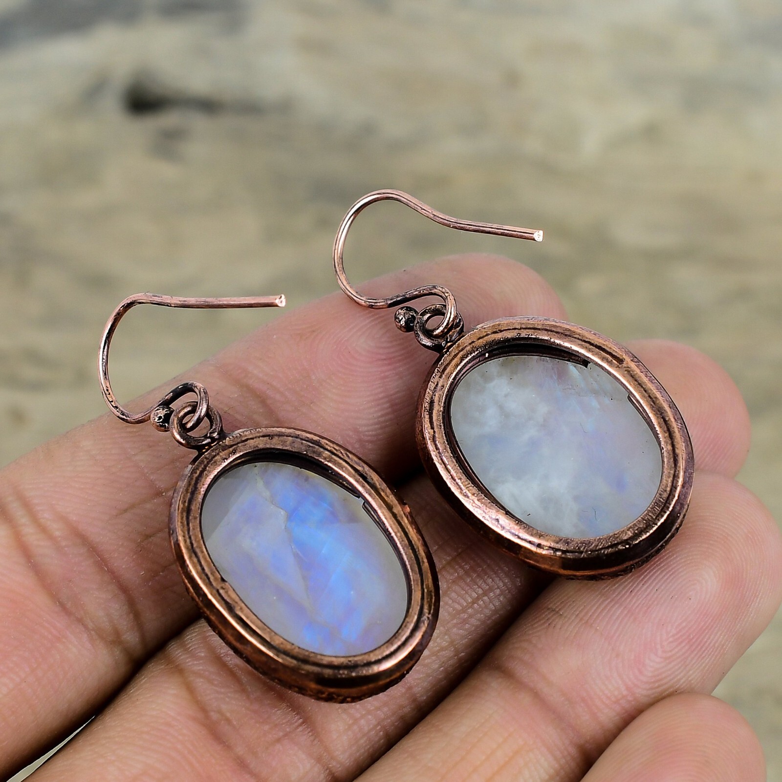 Rainbow Moonstone Copper Valentine Gift Electroformed Drop/Dangle Earrings 1.77″