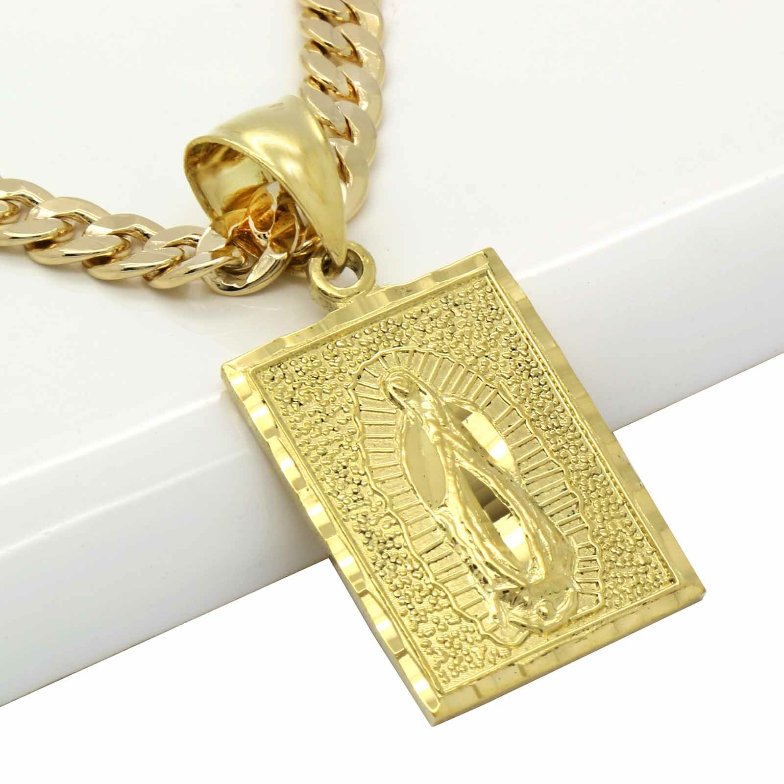 Mens 18k Gold Plated Brass Guadalupe Pendant 6mm 24″ Cuban Chain (L)