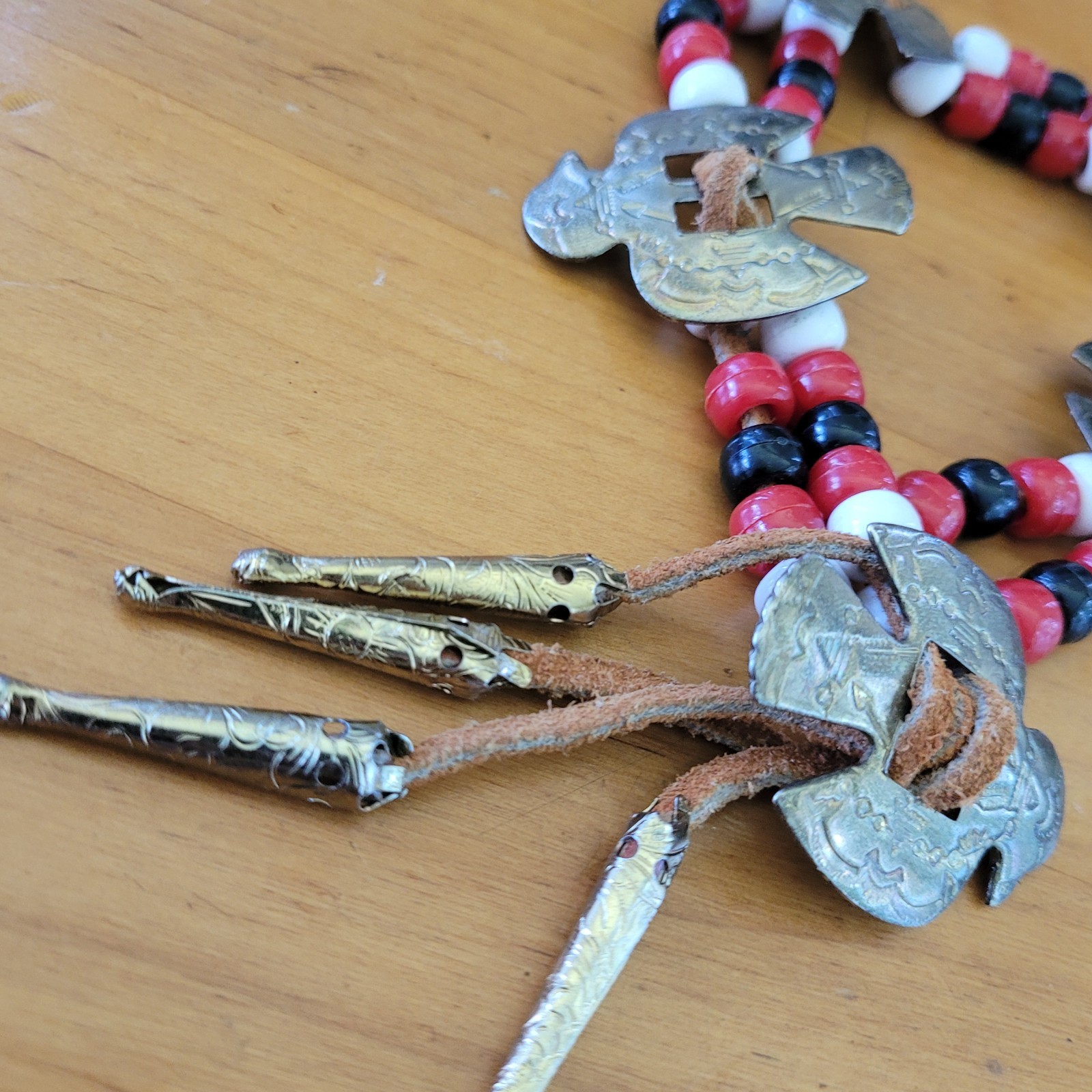 Tribal Southwestern Multi Strand Bracelet Red Black White Beads Bird Plaques 40g