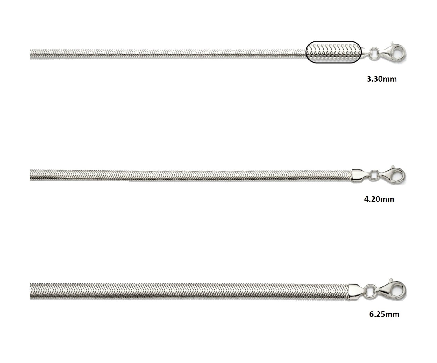 Sterling Silver Flat Oval Snake Chain 7″, 8″, 16″, 18″, 20″, 24″ Inch Lengths