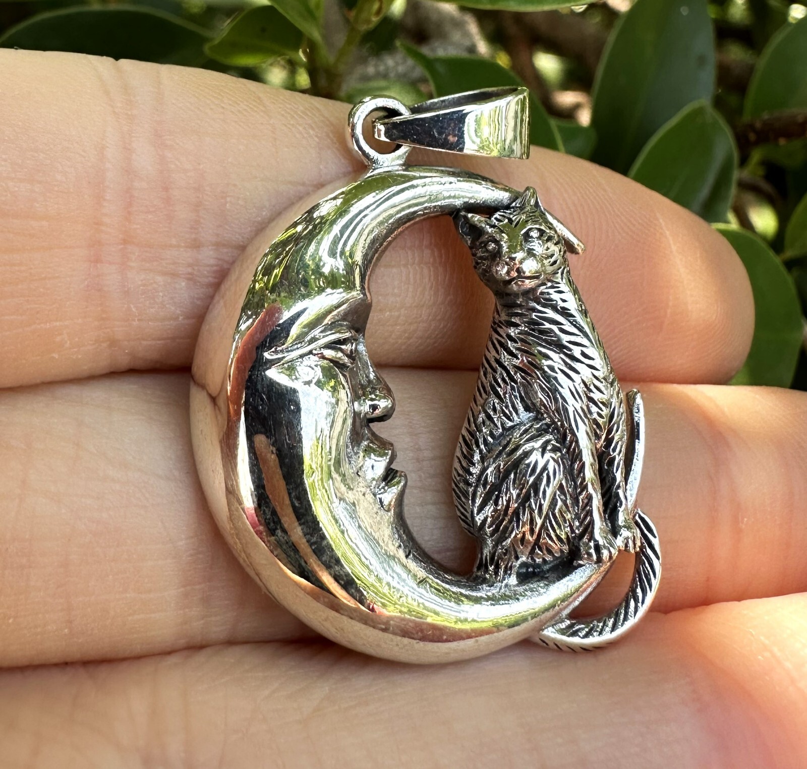 Cat & Crescent Moon Pendant STERLING SILVER 925 Magic Cat Magical Creature Witch