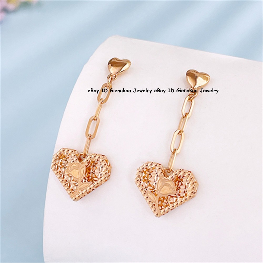 Real Au750 Pure 18K Rose Gold Lucky Carved Shiny Heart Dangle Earrings 2.2-2.3g