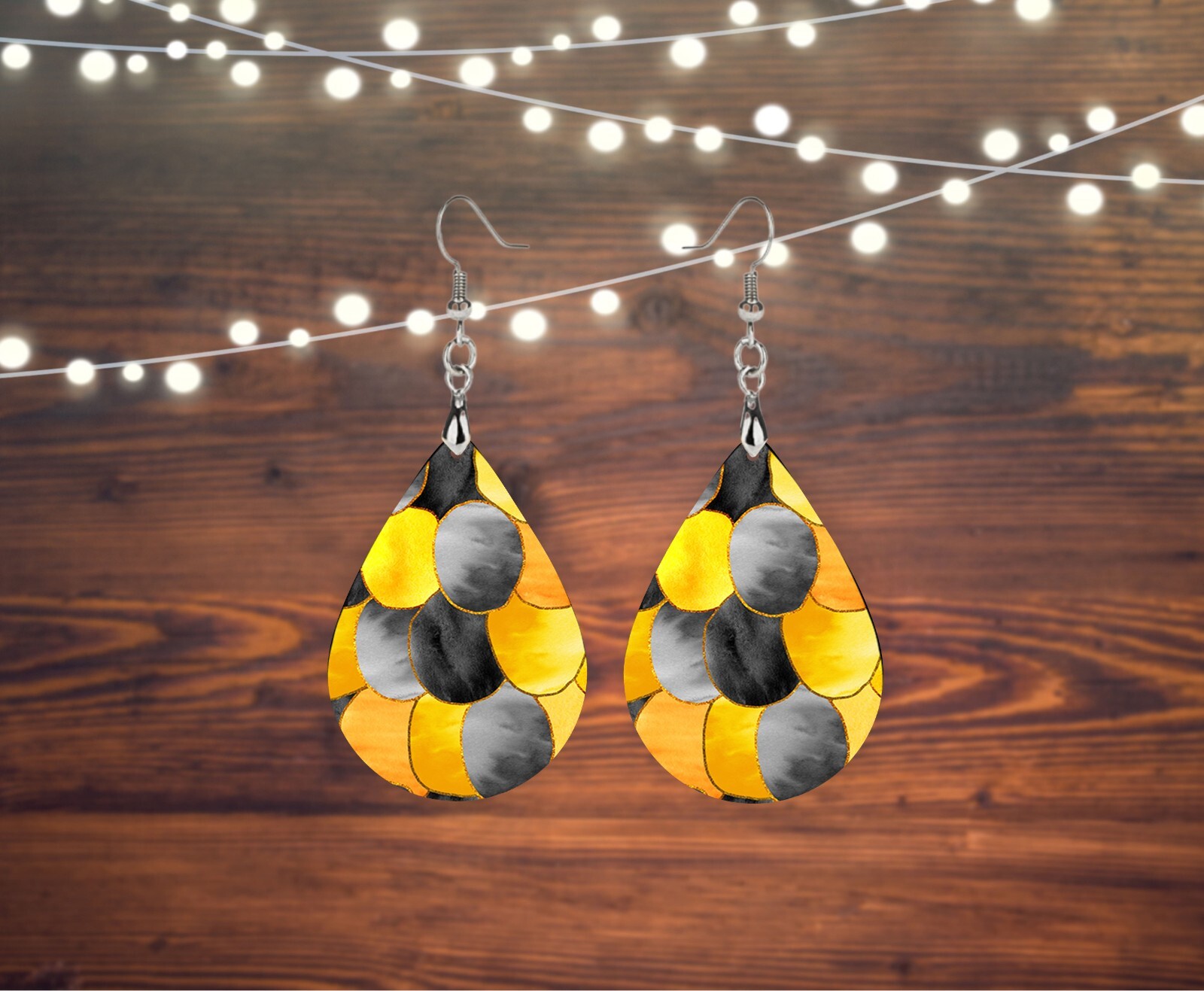 Yellow Black and Gray Abstract Wood Tear Drop Printed Earrings Jewelry Western