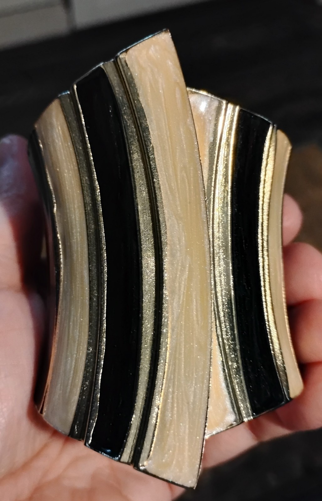 Vintage Retro Enamel Contoured Stripe Gold Tone Metal Clamper Bracelet Cuff