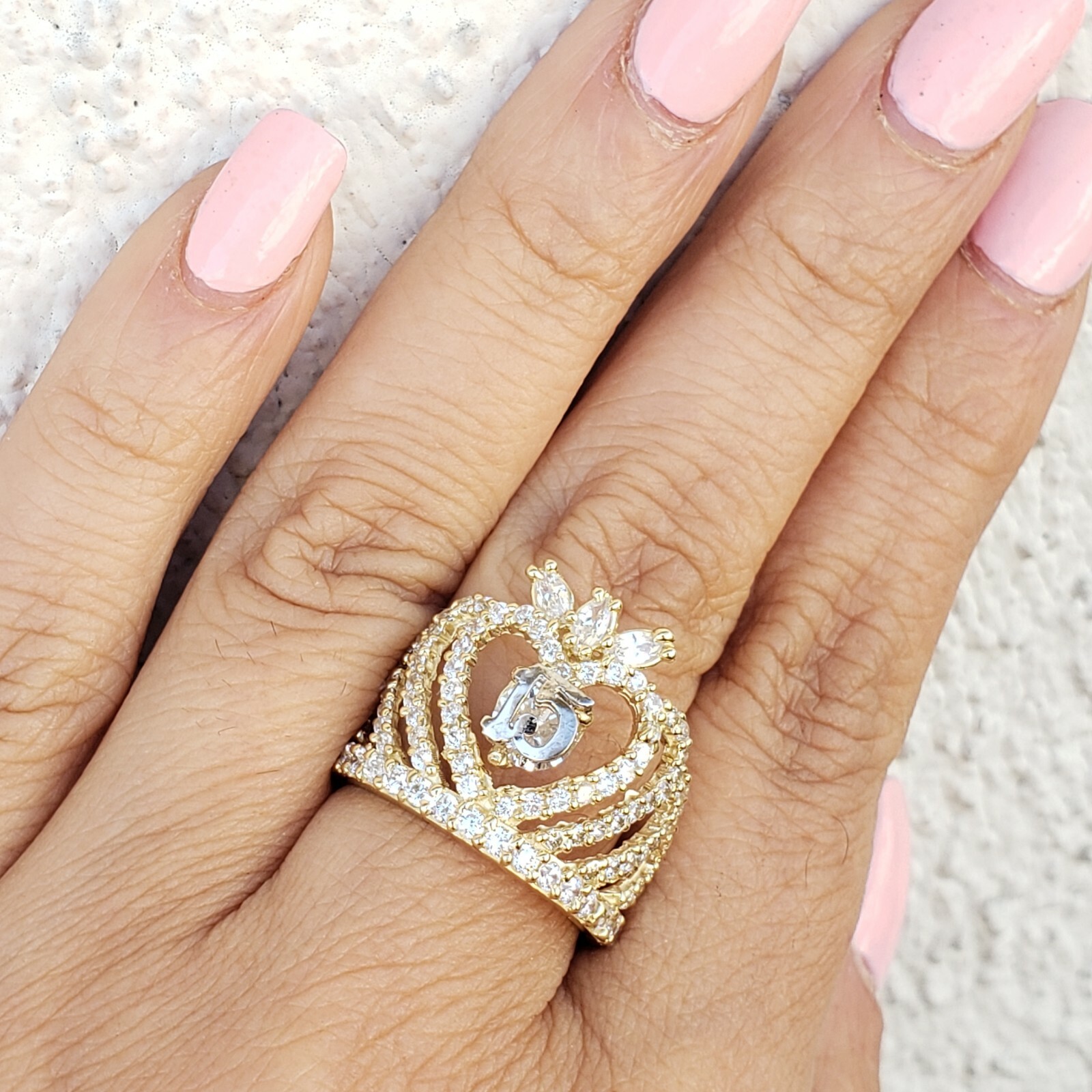 Big 10k yellow gold quinceanera 15 crown ring size 5 6 7 8 9 10 womans