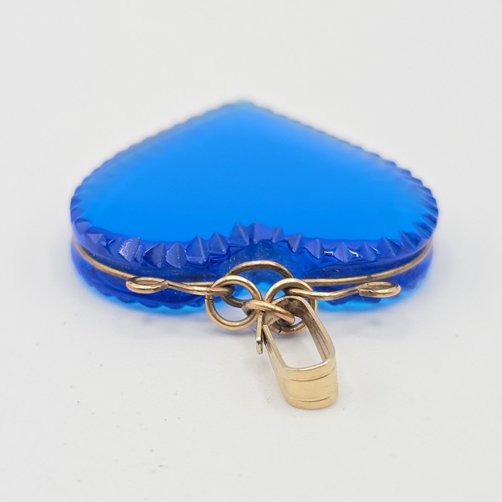 VTG Pressed Glass Heart Pendant 2 Pc Lot, Blue & Clear, Gold Tone Wire Wrapped