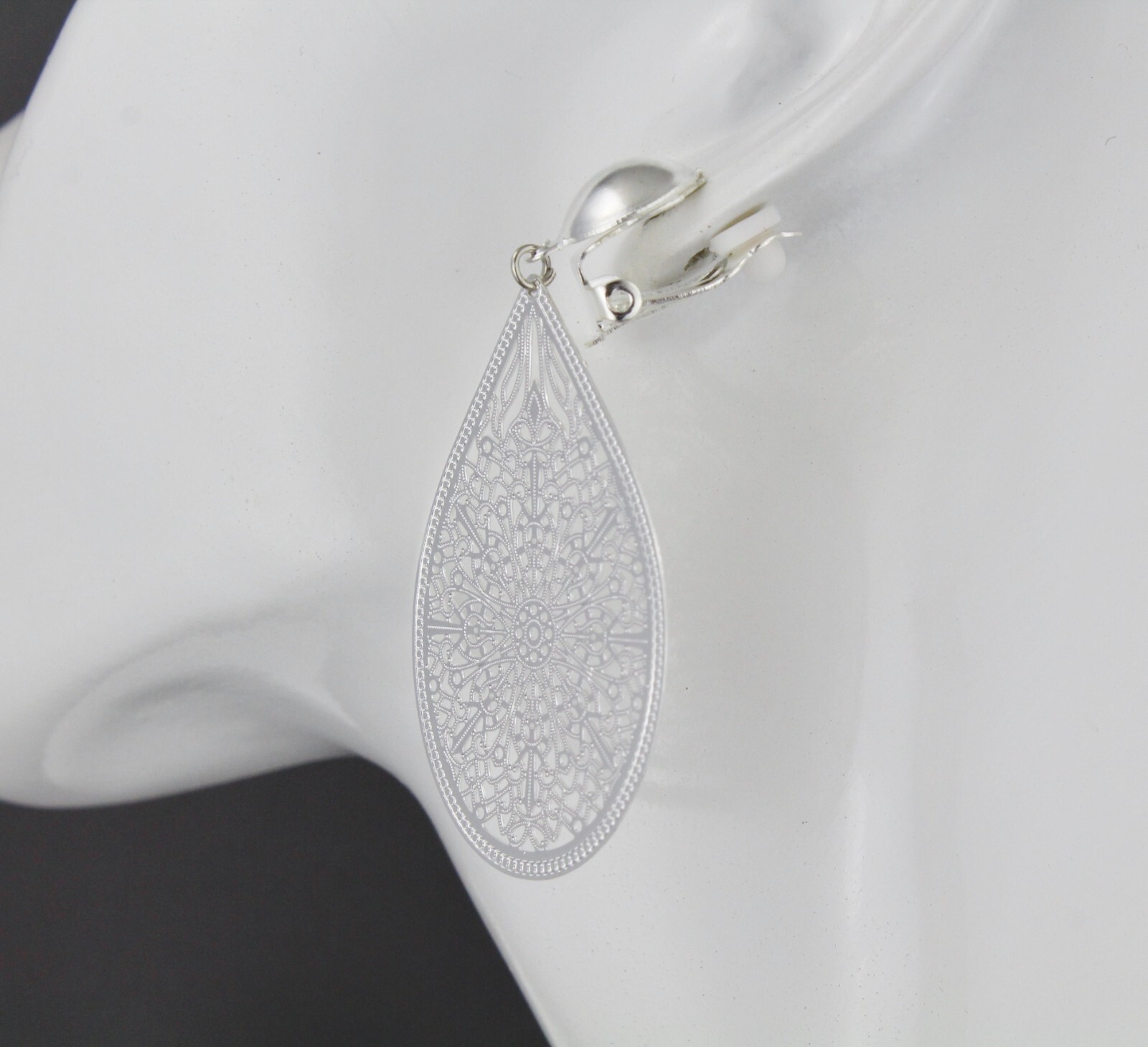 Silver Clip On earrings filigree teardrop pendant clips lightweight 2.5″ long