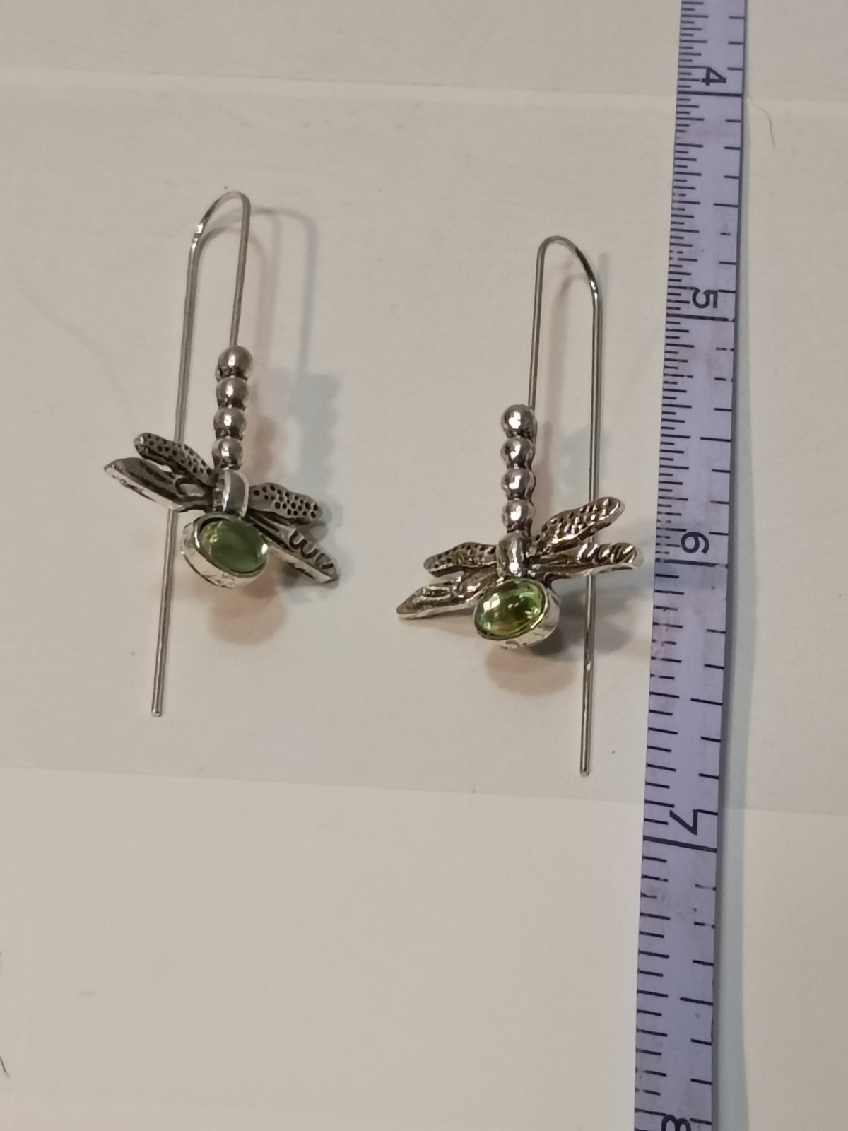 Silver Tone Dragonfly Threader Dangle Earrings, Green Round Crystal Cabochon