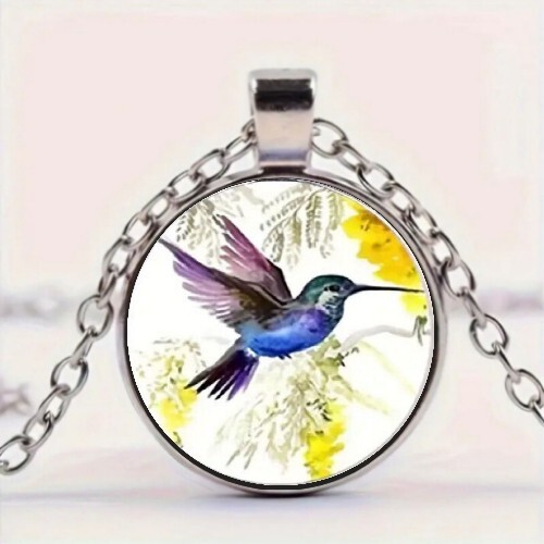 Hummingbird Time Gem Round Pendant Necklace