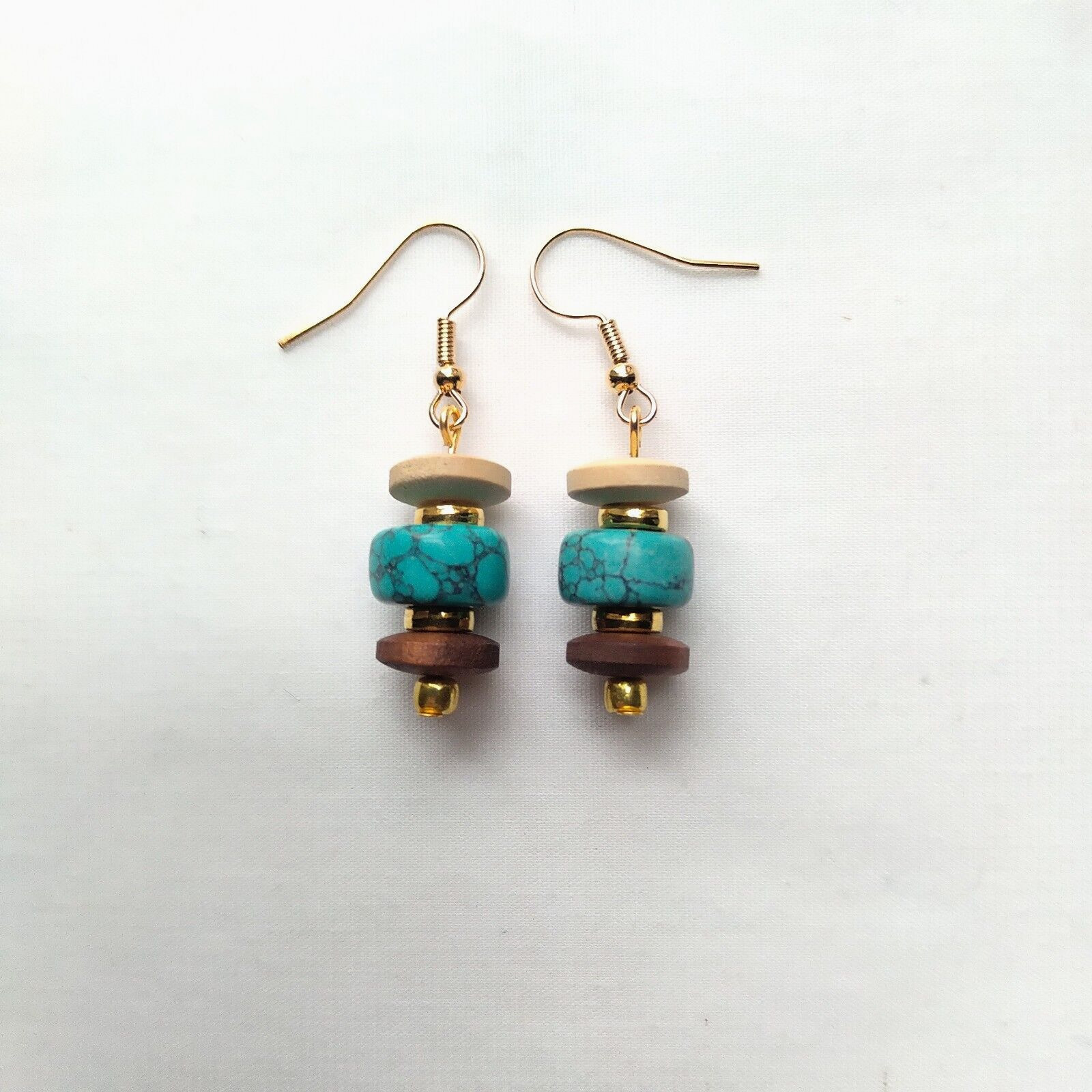 Earth Tone Wood Turquoise Howlite Beaded Dangle Earrings Handmade Gold Tone Boho