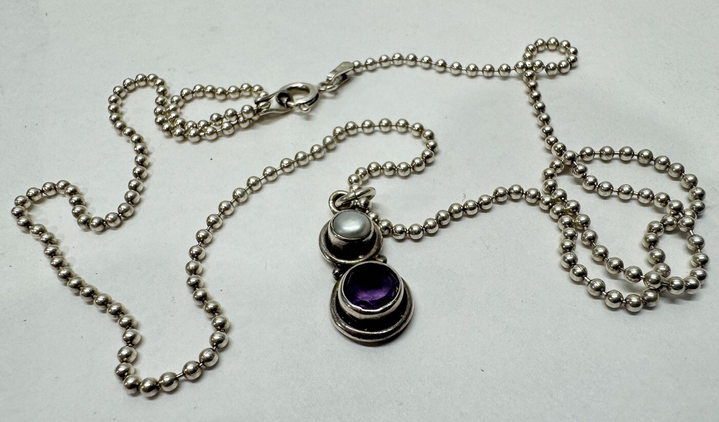 Faceted Amethyst and Cultured Pearl Double Gem 925 Sterling Silver Necklace