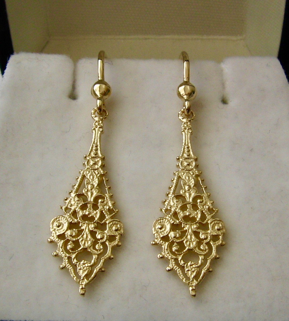GENUINE SOLID 9K 9ct YELLOW GOLD VINTAGE STYLE FILIGREE DANGLE HOOK EARRINGS
